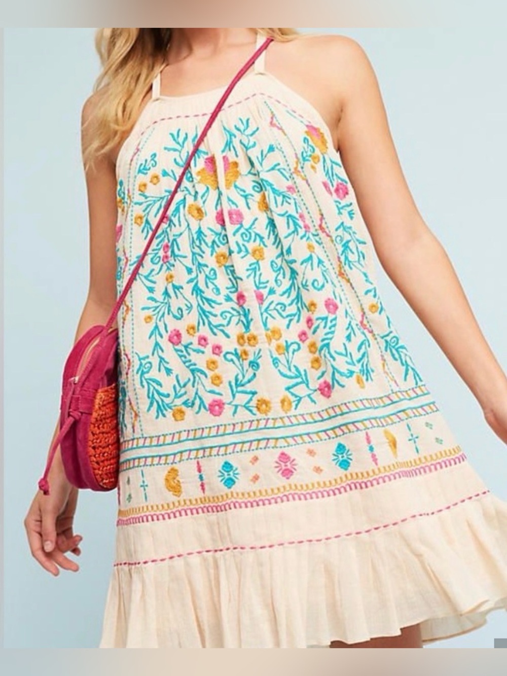 Anthropologie Vinales Swing Dress Embroidered Floral Mini in Cream